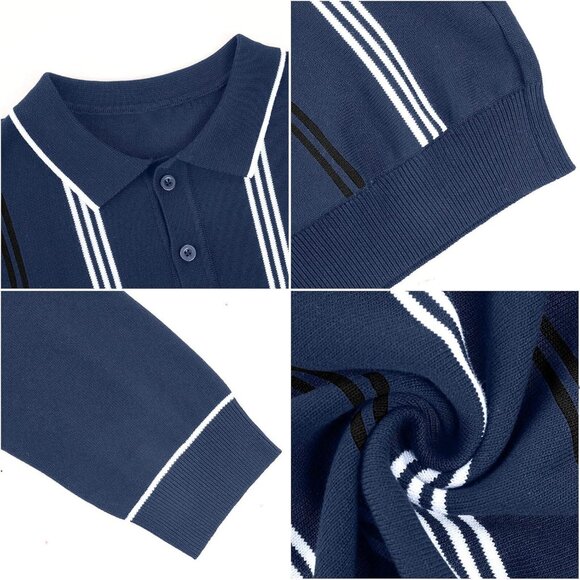 Men's Polo Sweater Long Sleeve Striped Thermal Button Collar Sweater Navy Blue - Picture 4 of 7